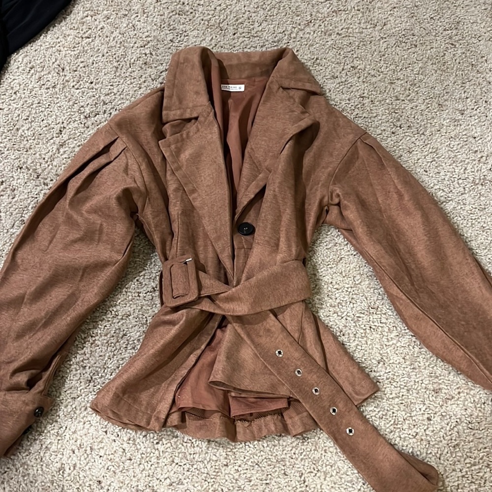 12th Tribe Belted Puff Sleeve Jacket in Brown Sz M